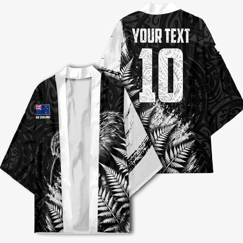Personalized New Zealand Kiwi Bird Kimono Grunge Maori Tribal Pattern Silver Fern