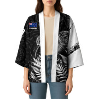 Personalized New Zealand Kiwi Bird Kimono Grunge Maori Tribal Pattern Silver Fern