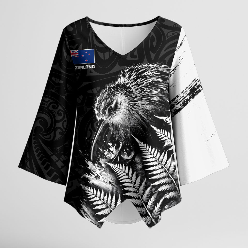 Personalized New Zealand Kiwi Bird Kimono Sleeve Blouse Grunge Maori Tribal Pattern Silver Fern TS04 Female Black White - Polynesian Pride