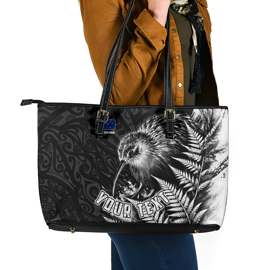 Personalized New Zealand Kiwi Bird Leather Tote Bag Grunge Maori Tribal Pattern Silver Fern