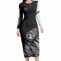 Personalized New Zealand Kiwi Bird Long Sleeve Bodycon Dress Grunge Maori Tribal Pattern Silver Fern