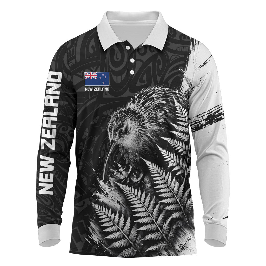 Personalized New Zealand Kiwi Bird Long Sleeve Polo Shirt Grunge Maori Tribal Pattern Silver Fern