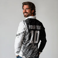 Personalized New Zealand Kiwi Bird Long Sleeve Polo Shirt Grunge Maori Tribal Pattern Silver Fern