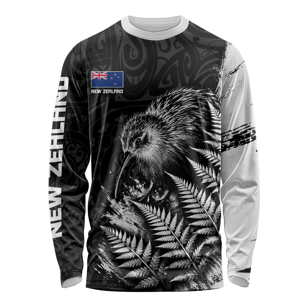 Personalized New Zealand Kiwi Bird Long Sleeve Shirt Grunge Maori Tribal Pattern Silver Fern