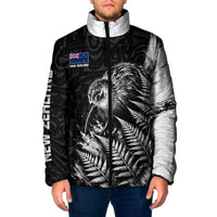 Personalized New Zealand Kiwi Bird Padded Jacket Grunge Maori Tribal Pattern Silver Fern