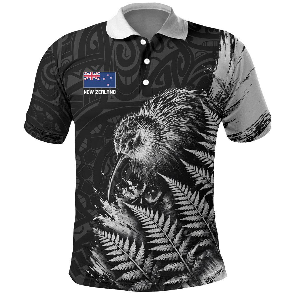 Personalized New Zealand Kiwi Bird Polo Shirt Grunge Maori Tribal Pattern Silver Fern