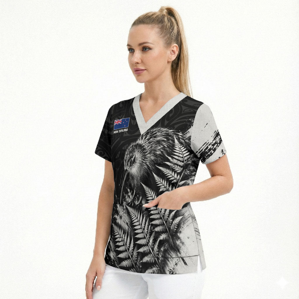 Personalized New Zealand Kiwi Bird Scrub Top Grunge Maori Tribal Pattern Silver Fern