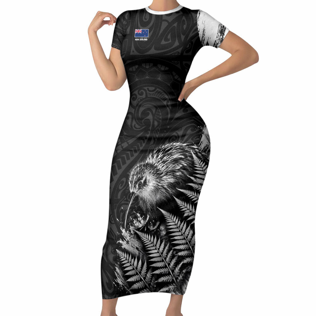 Personalized New Zealand Kiwi Bird Short Sleeve Bodycon Dress Grunge Maori Tribal Pattern Silver Fern TS04 Long Dress Black White - Polynesian Pride