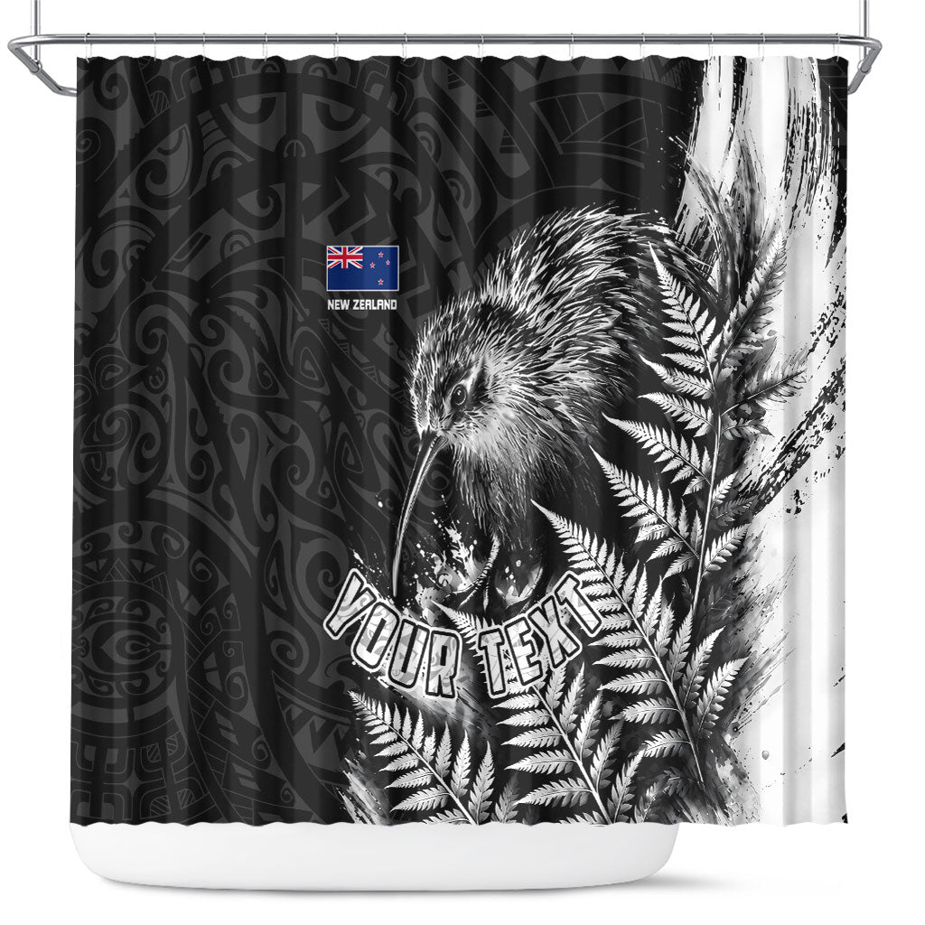 Personalized New Zealand Kiwi Bird Shower Curtain Grunge Maori Tribal Pattern Silver Fern