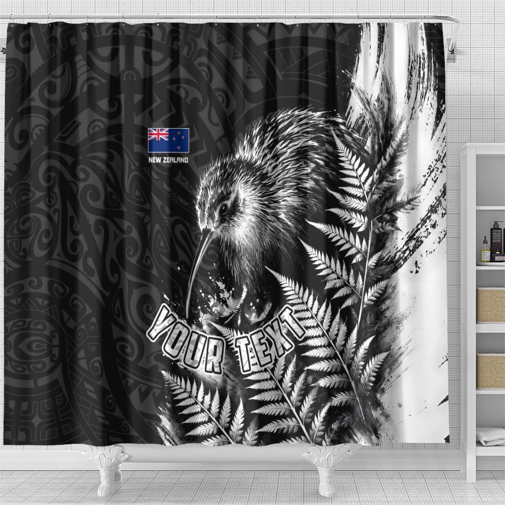 Personalized New Zealand Kiwi Bird Shower Curtain Grunge Maori Tribal Pattern Silver Fern