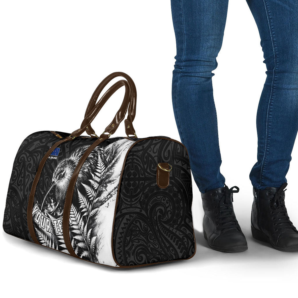 Personalized New Zealand Kiwi Bird Travel Bag Grunge Maori Tribal Pattern Silver Fern