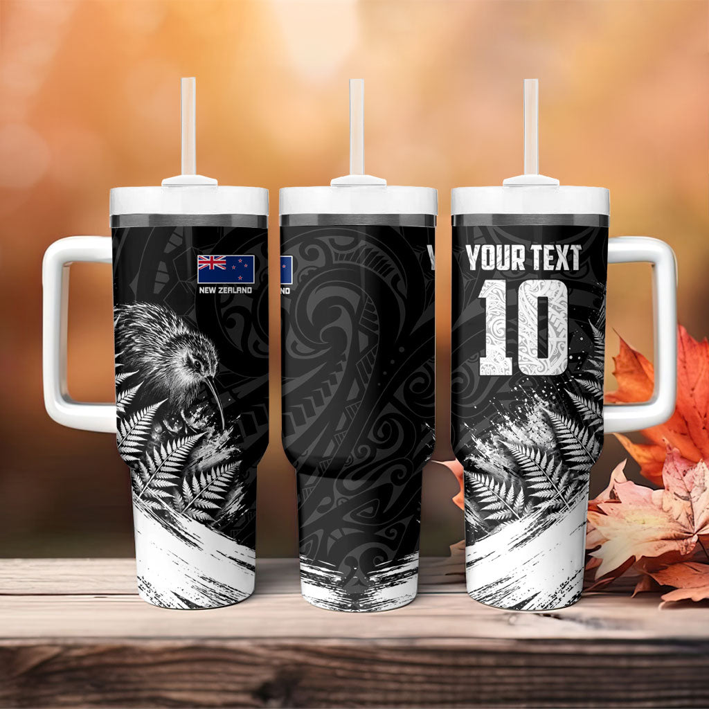 Personalized New Zealand Kiwi Bird Tumbler With Handle Grunge Maori Tribal Pattern Silver Fern