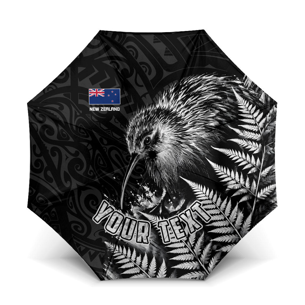 Personalized New Zealand Kiwi Bird Umbrella Grunge Maori Tribal Pattern Silver Fern