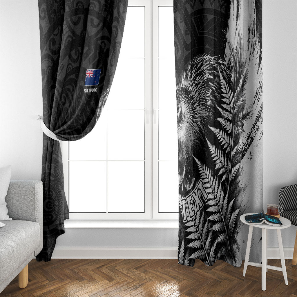 Personalized New Zealand Kiwi Bird Window Curtain Grunge Maori Tribal Pattern Silver Fern