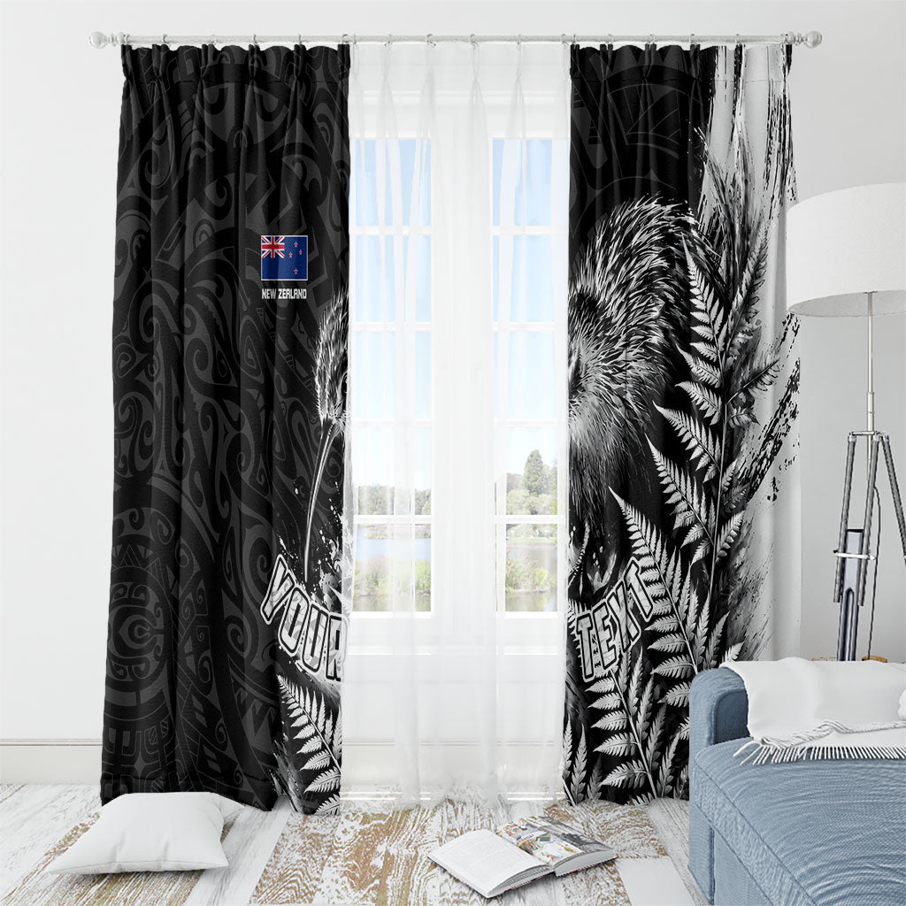 Personalized New Zealand Kiwi Bird Window Curtain Grunge Maori Tribal Pattern Silver Fern