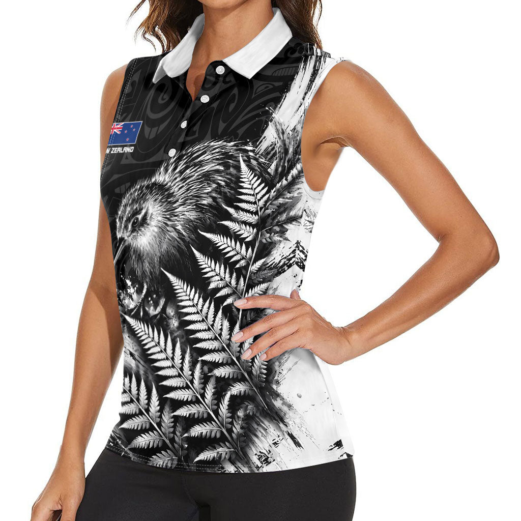 Personalized New Zealand Kiwi Bird Women Sleeveless Polo Shirt Grunge Maori Tribal Pattern Silver Fern