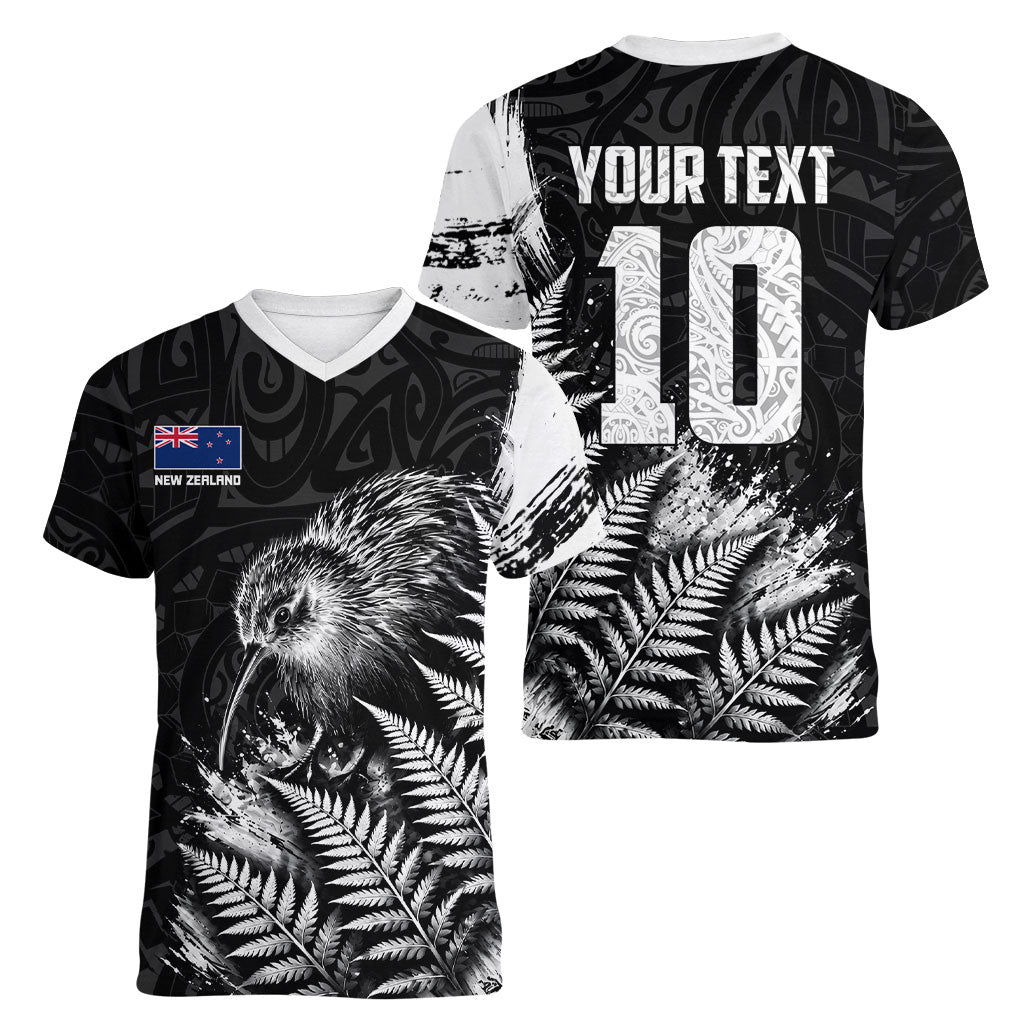 Personalized New Zealand Kiwi Bird Women V-Neck T-Shirt Grunge Maori Tribal Pattern Silver Fern