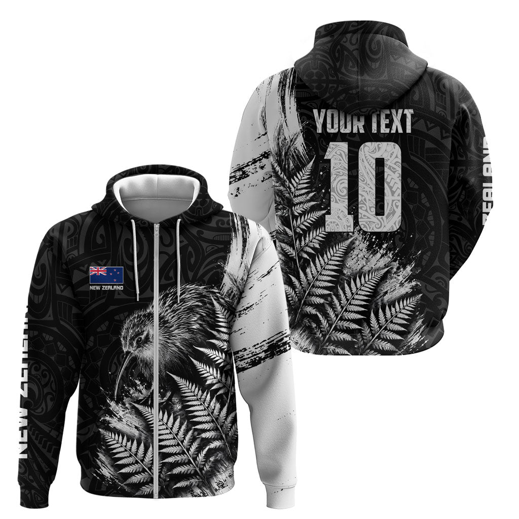 Personalized New Zealand Kiwi Bird Zip Hoodie Grunge Maori Tribal Pattern Silver Fern