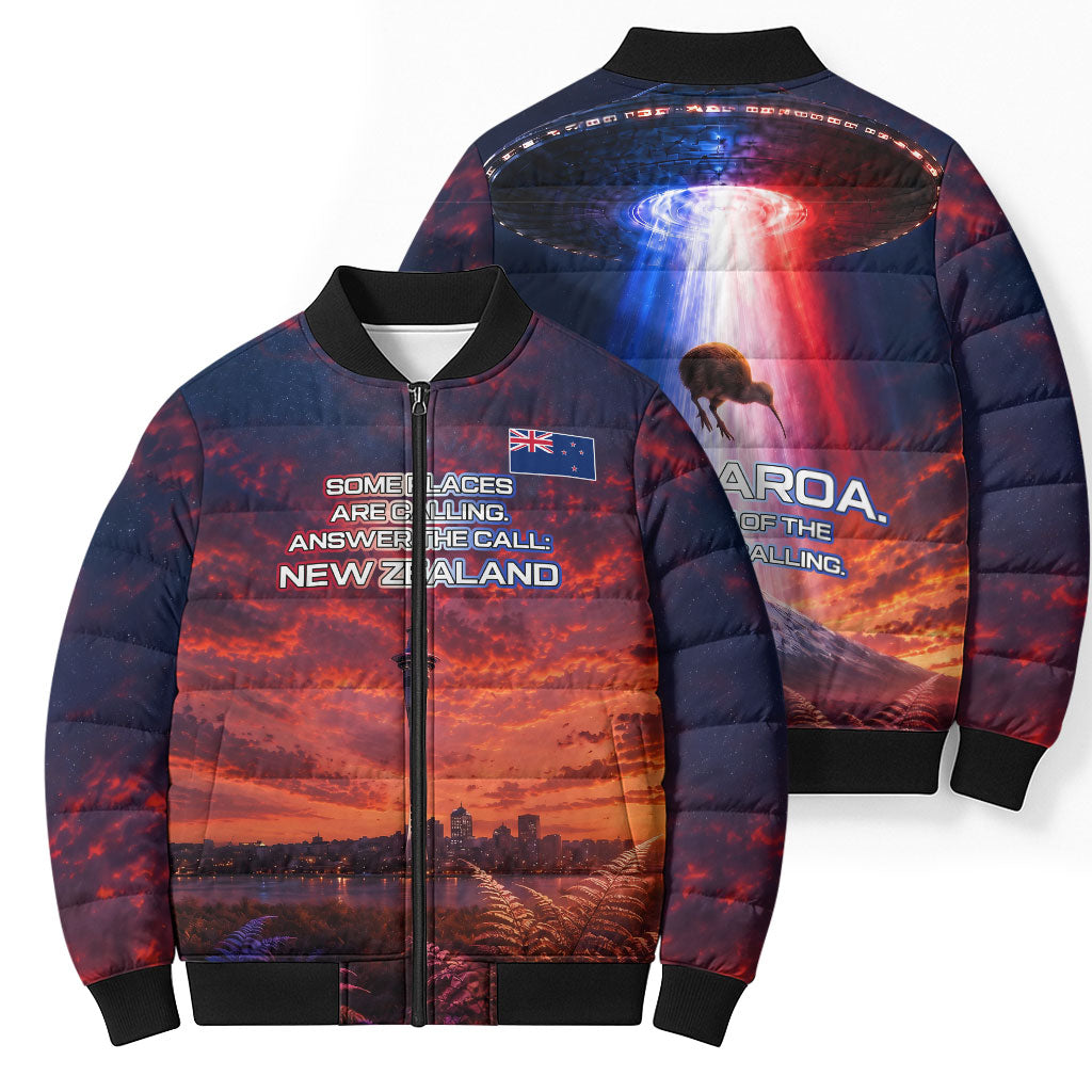 New Zealand Aotearoa Kiwi UFO Bomber Puffer Jacket Sci-Fi Galaxy Sunset Sky Tower And Mountain