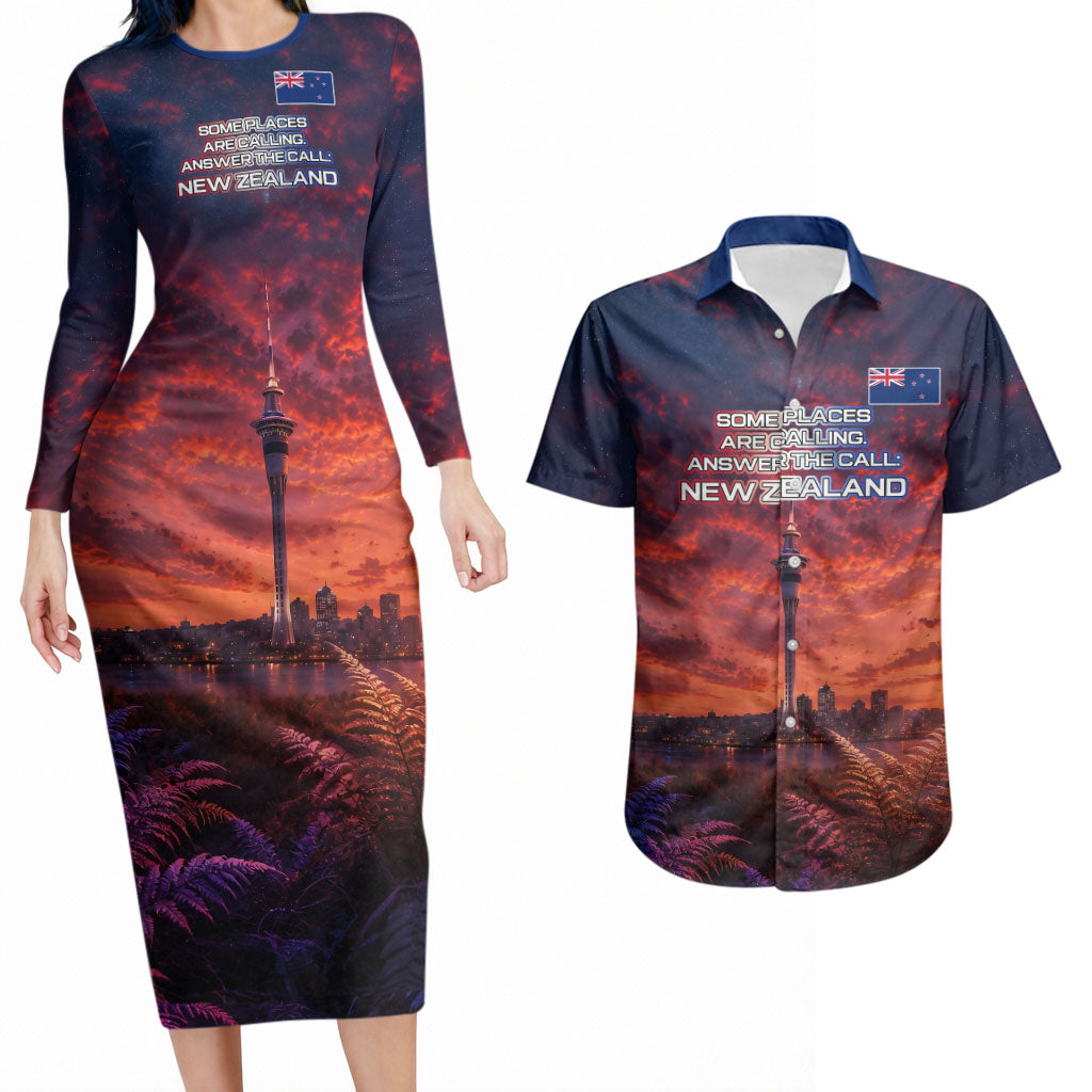 New Zealand Aotearoa Kiwi UFO Couples Matching Long Sleeve Bodycon Dress and Hawaiian Shirt Sci-Fi Galaxy Sunset Sky Tower And Mountain TS04 Blue Red - Polynesian Pride