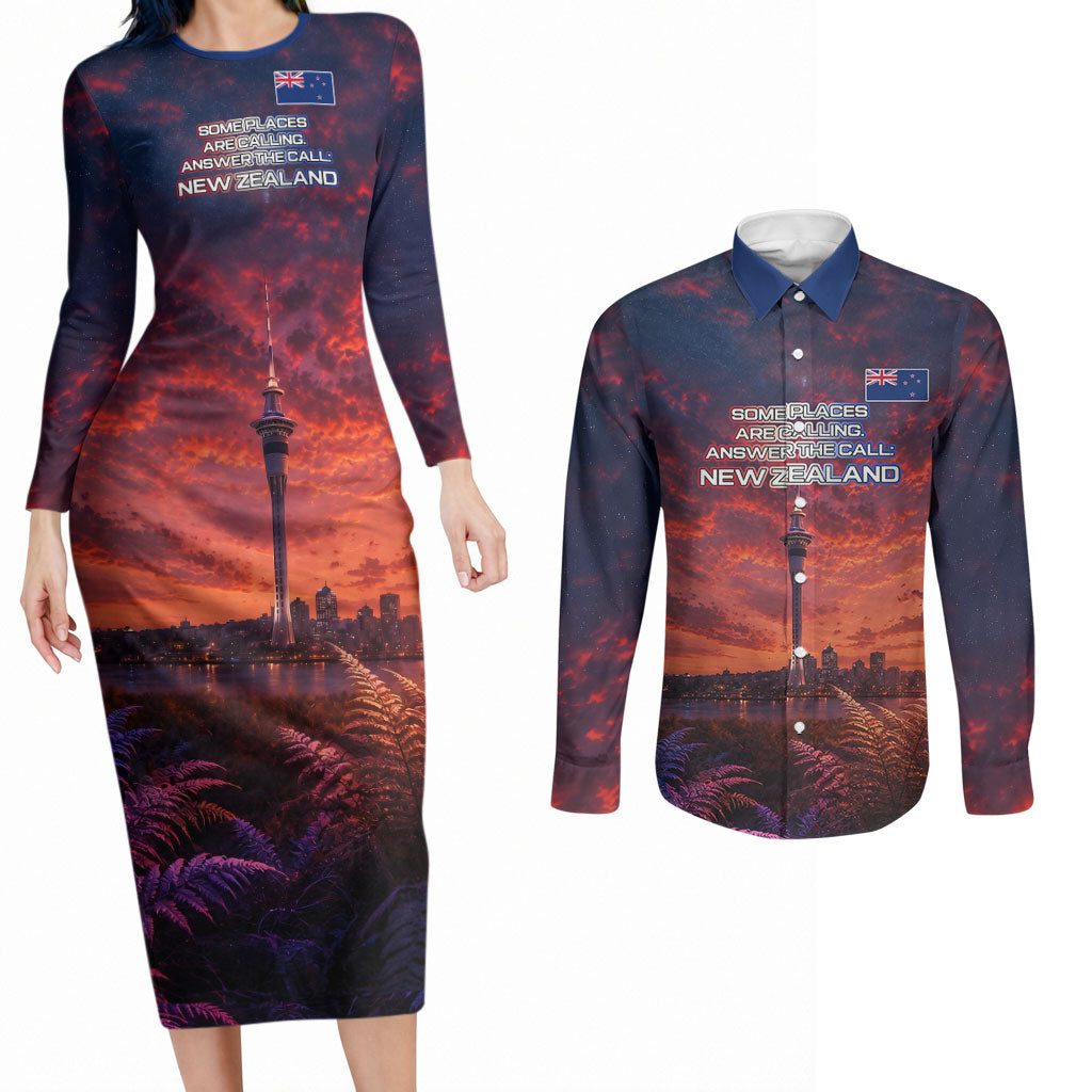 New Zealand Aotearoa Kiwi UFO Couples Matching Long Sleeve Bodycon Dress and Long Sleeve Button Shirt Sci-Fi Galaxy Sunset Sky Tower And Mountain TS04 Blue Red - Polynesian Pride