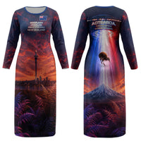 New Zealand Aotearoa Kiwi UFO Couples Matching Long Sleeve Bodycon Dress and Long Sleeve Button Shirt Sci-Fi Galaxy Sunset Sky Tower And Mountain TS04 - Polynesian Pride