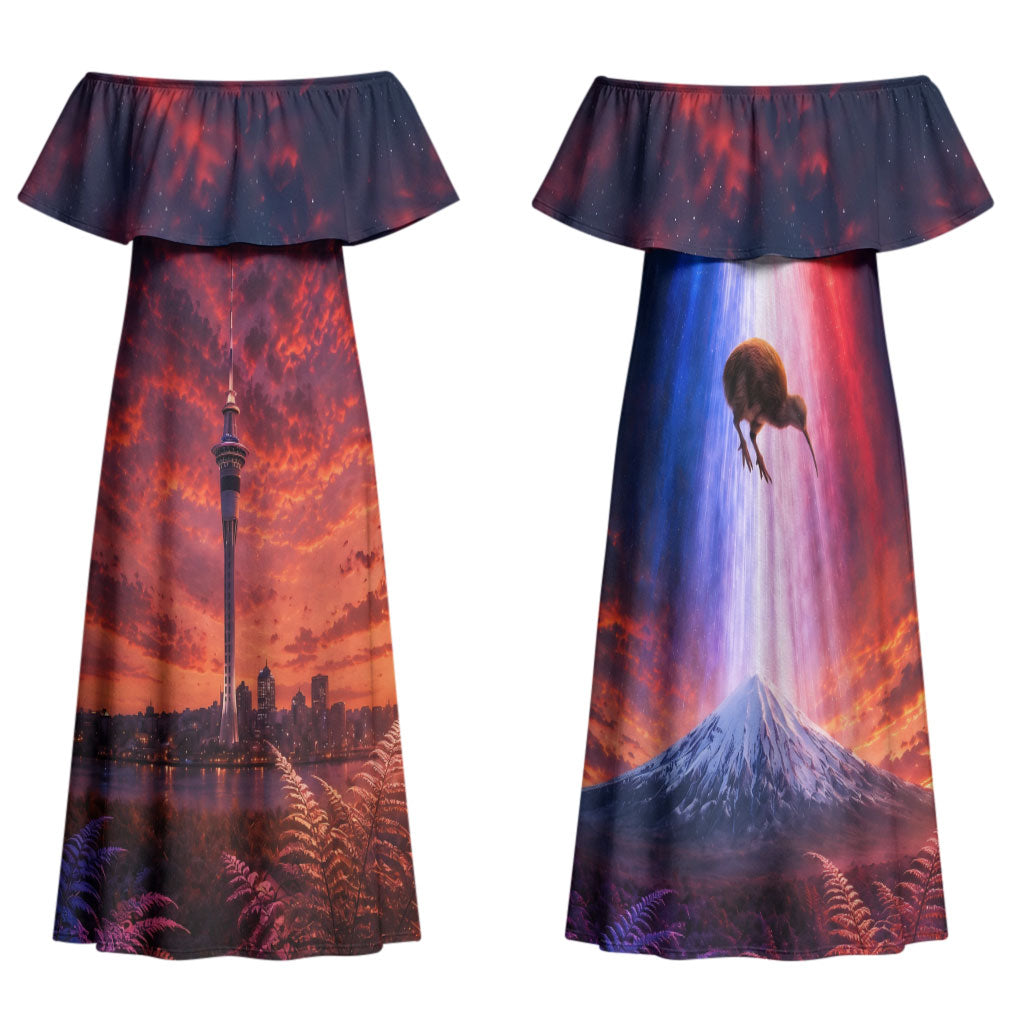 New Zealand Aotearoa Kiwi UFO Couples Matching Off Shoulder Maxi Dress and Hawaiian Shirt Sci-Fi Galaxy Sunset Sky Tower And Mountain TS04 - Polynesian Pride