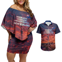 New Zealand Aotearoa Kiwi UFO Couples Matching Off Shoulder Short Dress and Hawaiian Shirt Sci-Fi Galaxy Sunset Sky Tower And Mountain TS04 Blue Red - Polynesian Pride