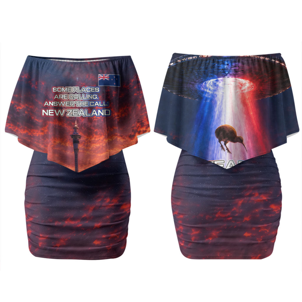 New Zealand Aotearoa Kiwi UFO Couples Matching Off Shoulder Short Dress and Hawaiian Shirt Sci-Fi Galaxy Sunset Sky Tower And Mountain TS04 - Polynesian Pride