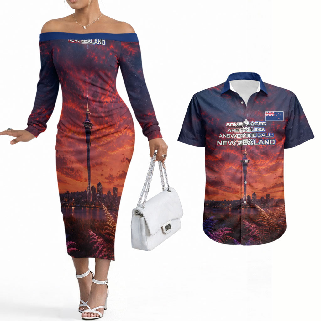 New Zealand Aotearoa Kiwi UFO Couples Matching Off The Shoulder Long Sleeve Dress and Hawaiian Shirt Sci-Fi Galaxy Sunset Sky Tower And Mountain TS04 Blue Red - Polynesian Pride