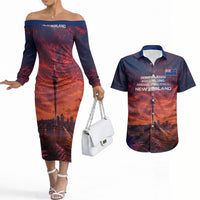 New Zealand Aotearoa Kiwi UFO Couples Matching Off The Shoulder Long Sleeve Dress and Hawaiian Shirt Sci-Fi Galaxy Sunset Sky Tower And Mountain TS04 Blue Red - Polynesian Pride