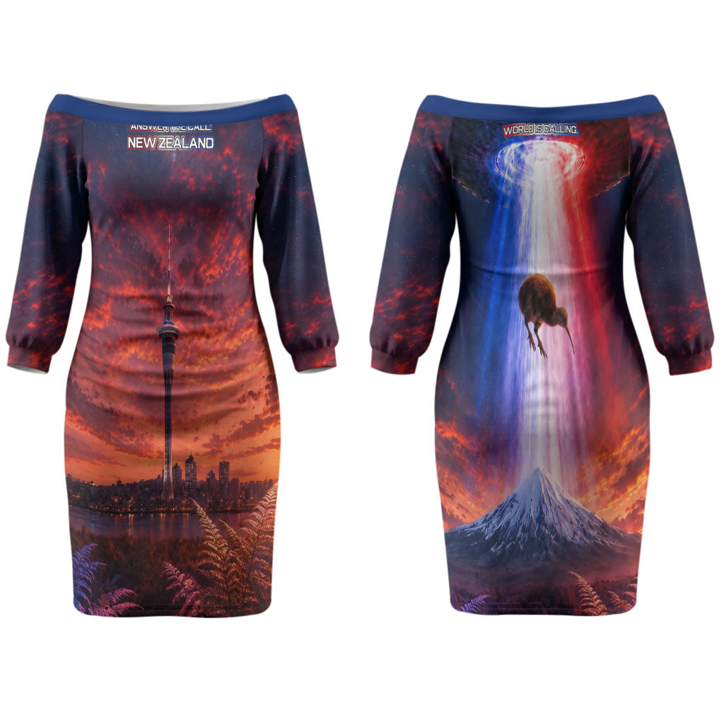 New Zealand Aotearoa Kiwi UFO Couples Matching Off The Shoulder Long Sleeve Dress and Hawaiian Shirt Sci-Fi Galaxy Sunset Sky Tower And Mountain TS04 - Polynesian Pride