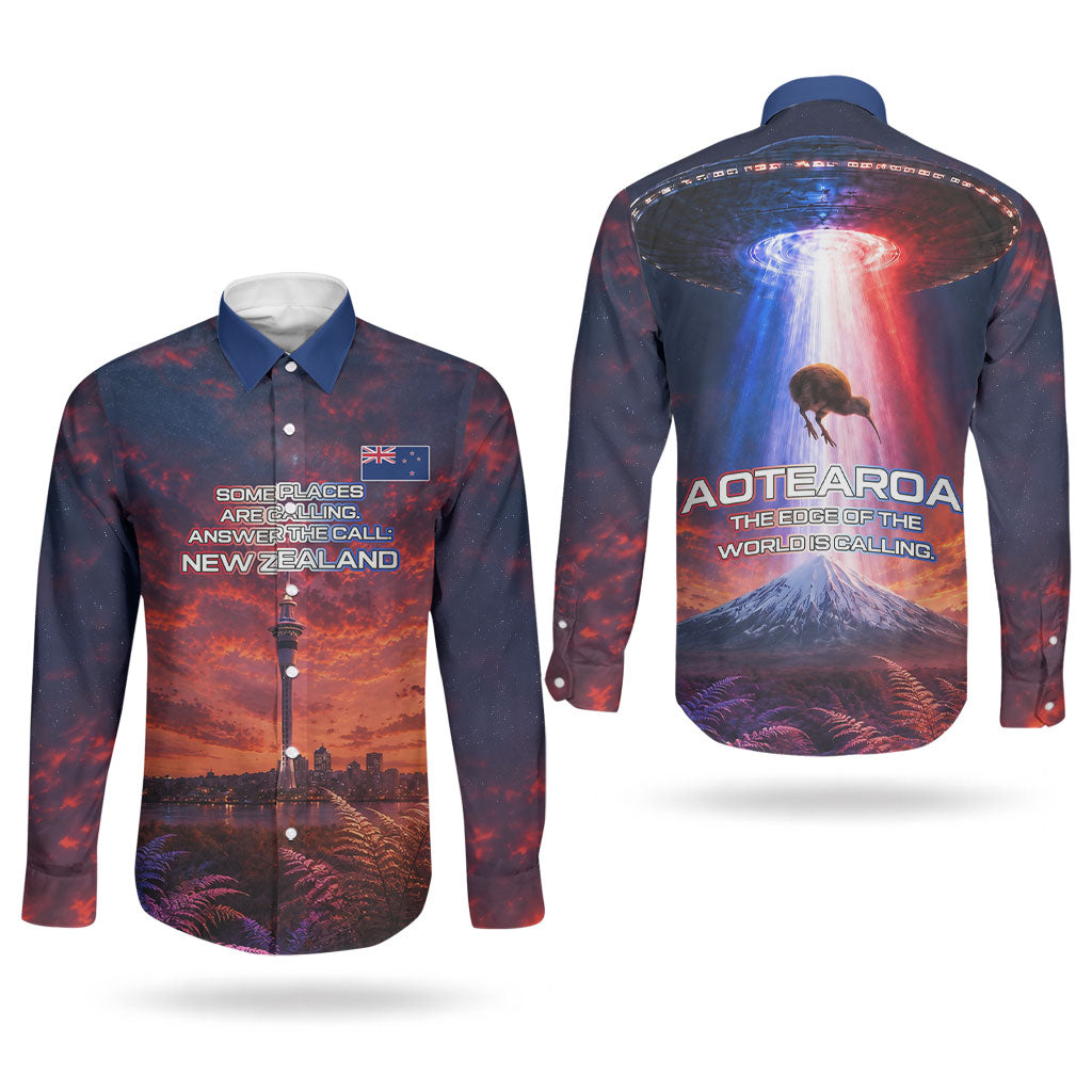 New Zealand Aotearoa Kiwi UFO Couples Matching Puletasi and Long Sleeve Button Shirt Sci-Fi Galaxy Sunset Sky Tower And Mountain TS04 - Polynesian Pride