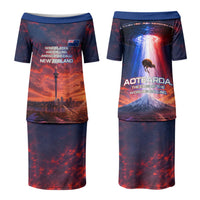 New Zealand Aotearoa Kiwi UFO Couples Matching Puletasi and Long Sleeve Button Shirt Sci-Fi Galaxy Sunset Sky Tower And Mountain TS04 - Polynesian Pride