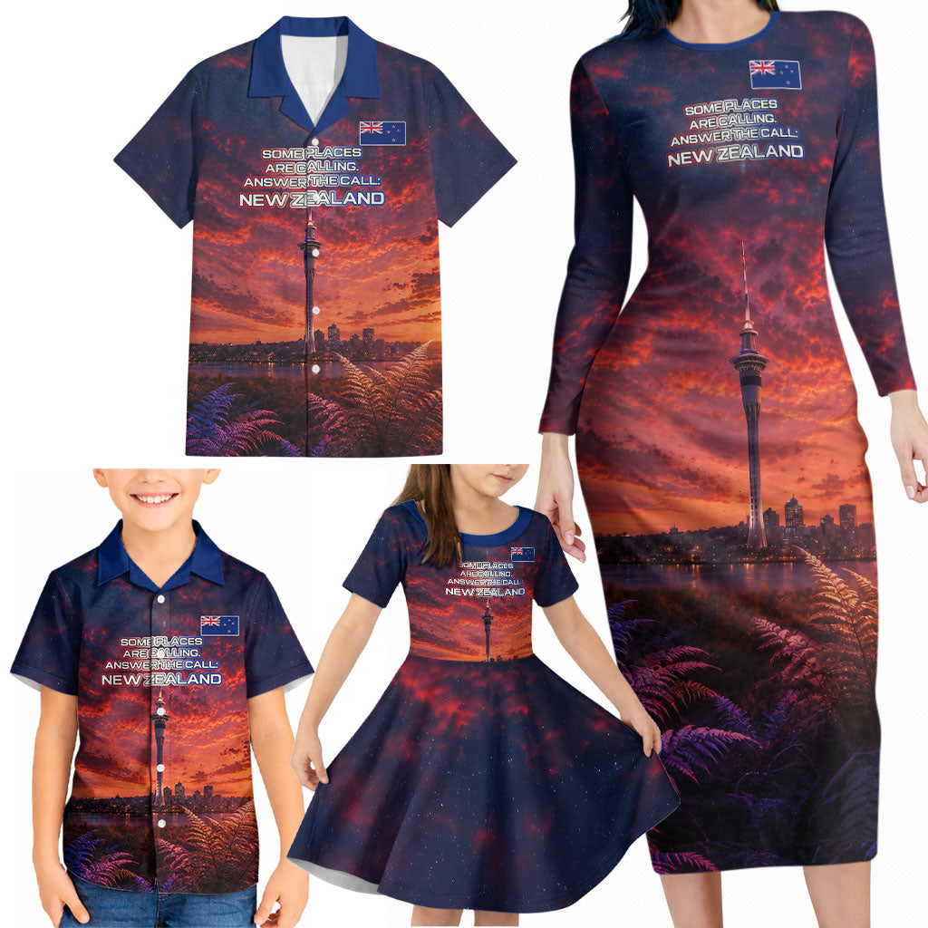 New Zealand Aotearoa Kiwi UFO Family Matching Long Sleeve Bodycon Dress and Hawaiian Shirt Sci-Fi Galaxy Sunset Sky Tower And Mountain TS04 - Polynesian Pride