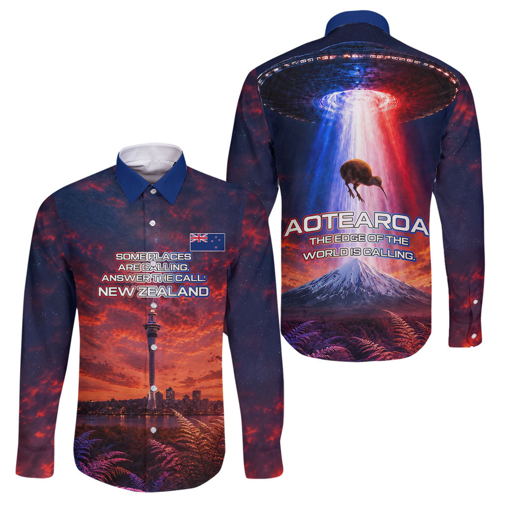 New Zealand Aotearoa Kiwi UFO Family Matching Off The Shoulder Long Sleeve Dress and Hawaiian Shirt Sci-Fi Galaxy Sunset Sky Tower And Mountain TS04 Dad's Shirt - Long Sleeve Blue Red - Polynesian Pride