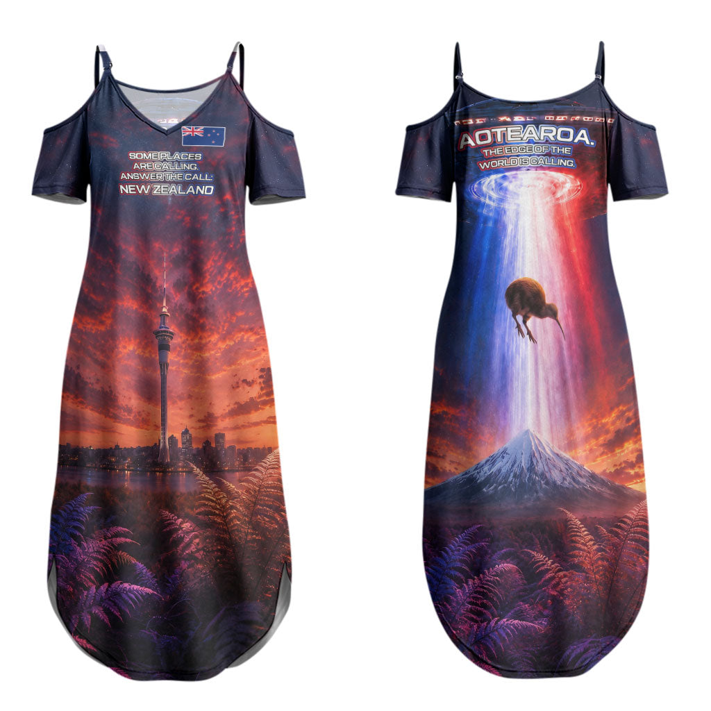 New Zealand Aotearoa Kiwi UFO Family Matching Summer Maxi Dress and Hawaiian Shirt Sci-Fi Galaxy Sunset Sky Tower And Mountain TS04 Mom's Dress Blue Red - Polynesian Pride