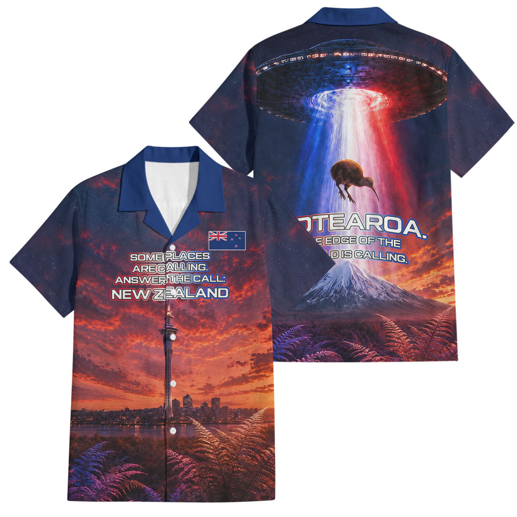 New Zealand Aotearoa Kiwi UFO Family Matching Summer Maxi Dress and Hawaiian Shirt Sci-Fi Galaxy Sunset Sky Tower And Mountain TS04 Dad's Shirt - Short Sleeve Blue Red - Polynesian Pride
