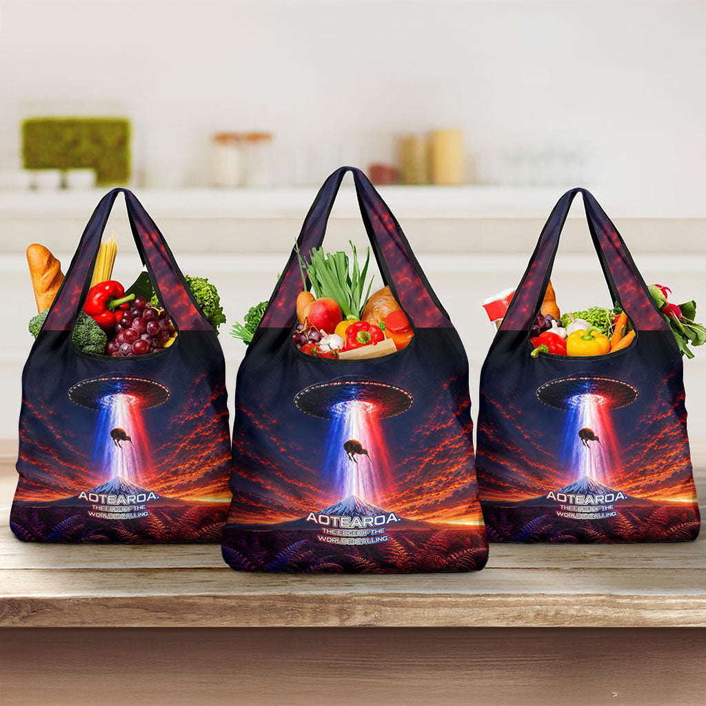 New Zealand Aotearoa Kiwi UFO Grocery Bag Sci-Fi Galaxy Sunset Sky Tower And Mountain TS04 3-pack One Size Blue Red - Polynesian Pride