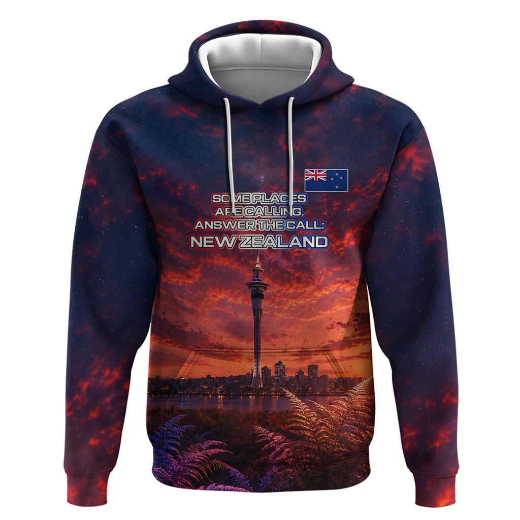 New Zealand Aotearoa Kiwi UFO Hoodie Sci-Fi Galaxy Sunset Sky Tower And Mountain TS04 Pullover Hoodie Blue Red - Polynesian Pride