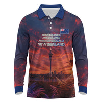 New Zealand Aotearoa Kiwi UFO Long Sleeve Polo Shirt Sci-Fi Galaxy Sunset Sky Tower And Mountain TS04 Blue Red - Polynesian Pride