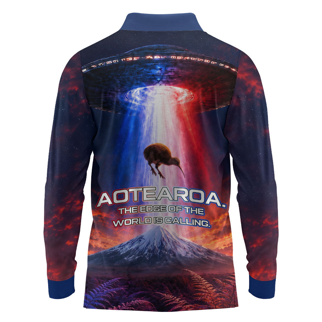 New Zealand Aotearoa Kiwi UFO Long Sleeve Polo Shirt Sci-Fi Galaxy Sunset Sky Tower And Mountain TS04 - Polynesian Pride