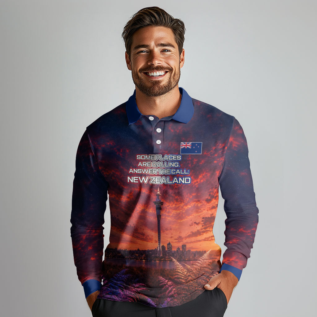 New Zealand Aotearoa Kiwi UFO Long Sleeve Polo Shirt Sci-Fi Galaxy Sunset Sky Tower And Mountain TS04 - Polynesian Pride