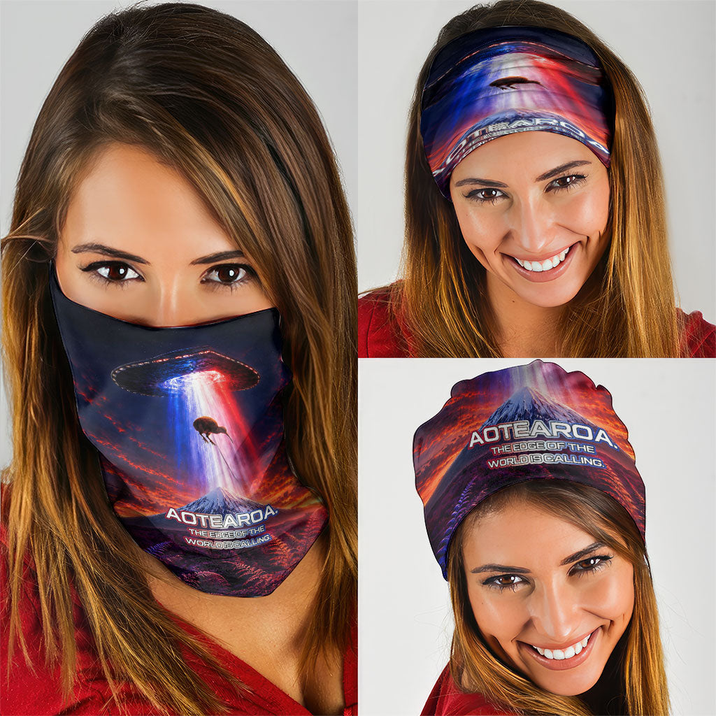 New Zealand Aotearoa Kiwi UFO Neck Gaiter Sci-Fi Galaxy Sunset Sky Tower And Mountain TS04 - Polynesian Pride
