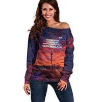New Zealand Aotearoa Kiwi UFO Off Shoulder Sweater Sci-Fi Galaxy Sunset Sky Tower And Mountain TS04 Women Blue Red - Polynesian Pride
