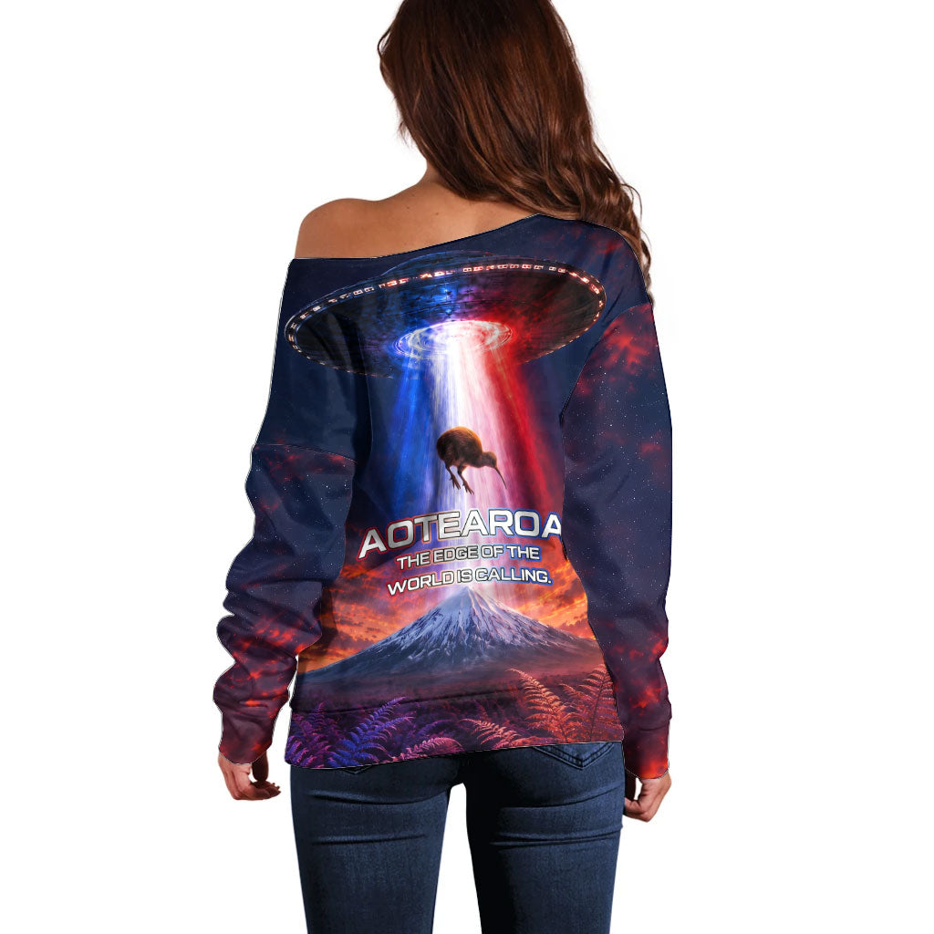 New Zealand Aotearoa Kiwi UFO Off Shoulder Sweater Sci-Fi Galaxy Sunset Sky Tower And Mountain TS04 - Polynesian Pride