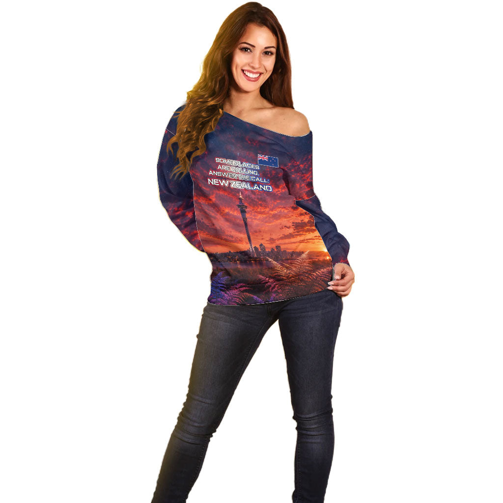 New Zealand Aotearoa Kiwi UFO Off Shoulder Sweater Sci-Fi Galaxy Sunset Sky Tower And Mountain TS04 - Polynesian Pride
