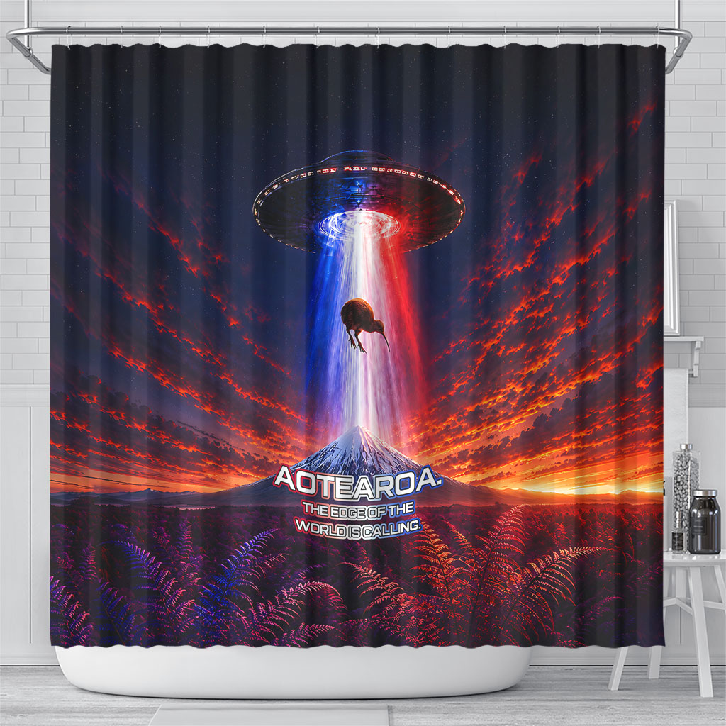New Zealand Aotearoa Kiwi UFO Shower Curtain Sci-Fi Galaxy Sunset Sky Tower And Mountain TS04 - Polynesian Pride