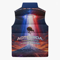 New Zealand Aotearoa Kiwi UFO Sleeveless Puffer Jacket Sci-Fi Galaxy Sunset Sky Tower And Mountain TS04 - Polynesian Pride