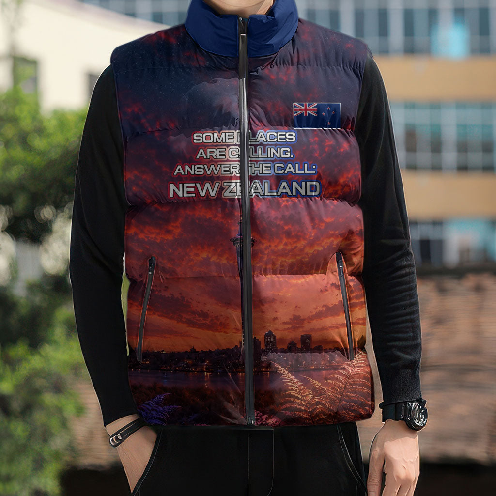 New Zealand Aotearoa Kiwi UFO Sleeveless Puffer Jacket Sci-Fi Galaxy Sunset Sky Tower And Mountain TS04 - Polynesian Pride